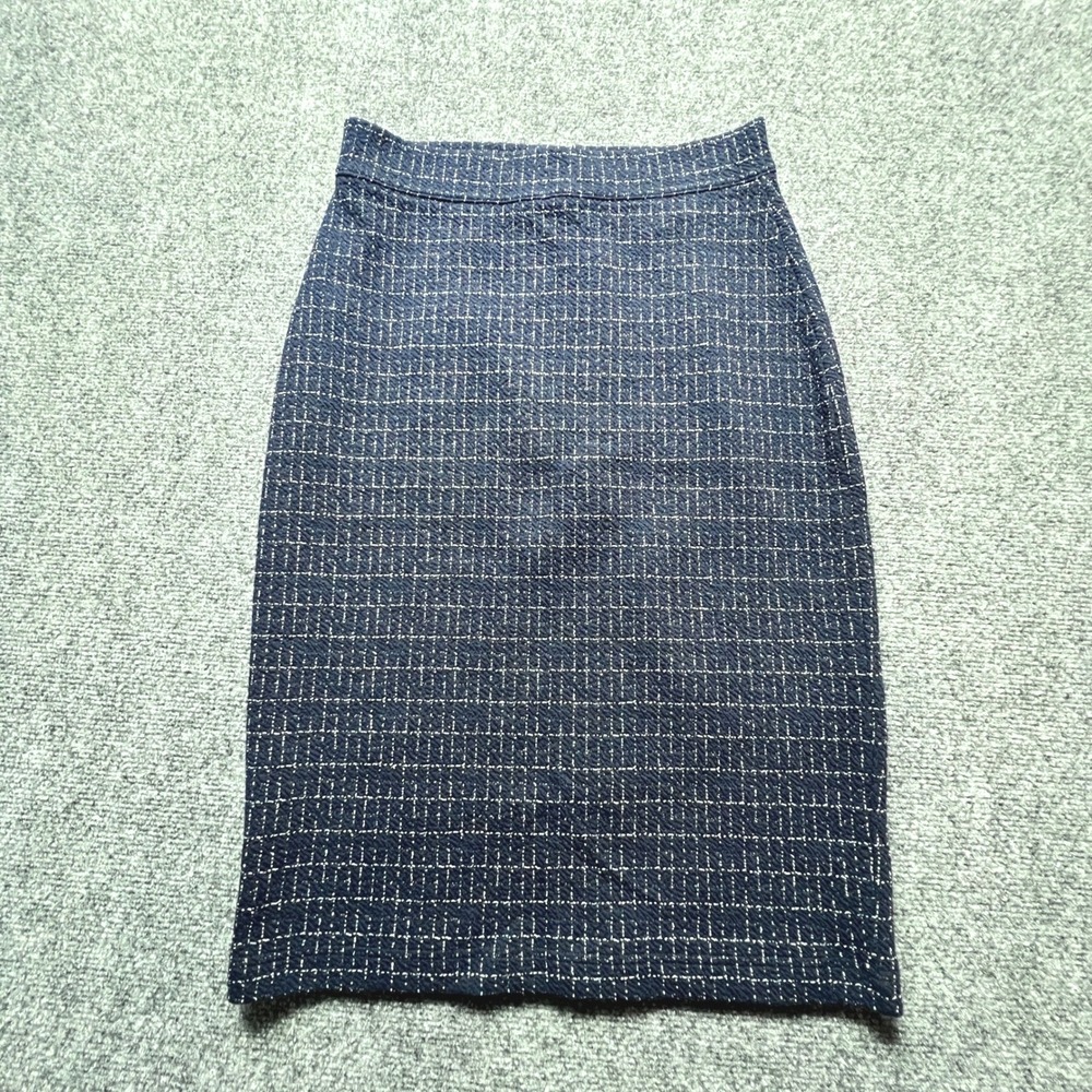 Maeve Anthropologie Navy Blue Grid Textured Pencil Skirt Full Back Zip XS